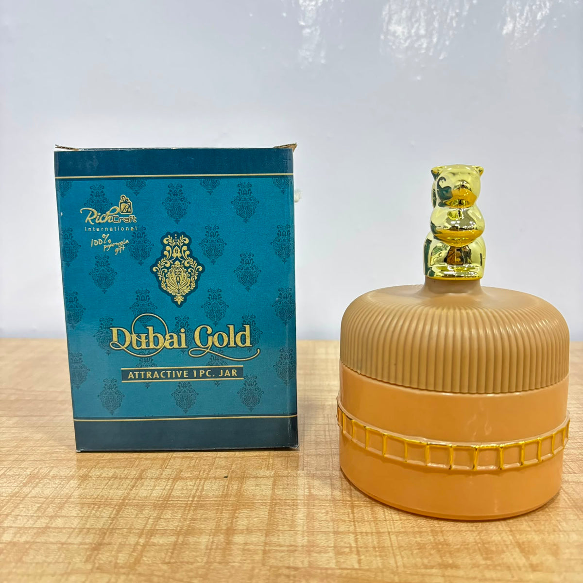 A06986 Dubai Gold Decorative Storage Jar with Golden Bear Lid