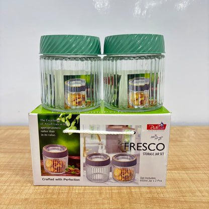 A06987 Fresco Glass Storage Jar Set with Green Lids (650ml, Pack of 2)