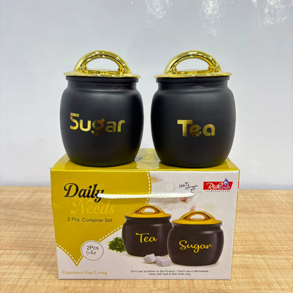 A06988 Daily Needs 2-Piece Matte Black & Gold Tea Sugar Container Set