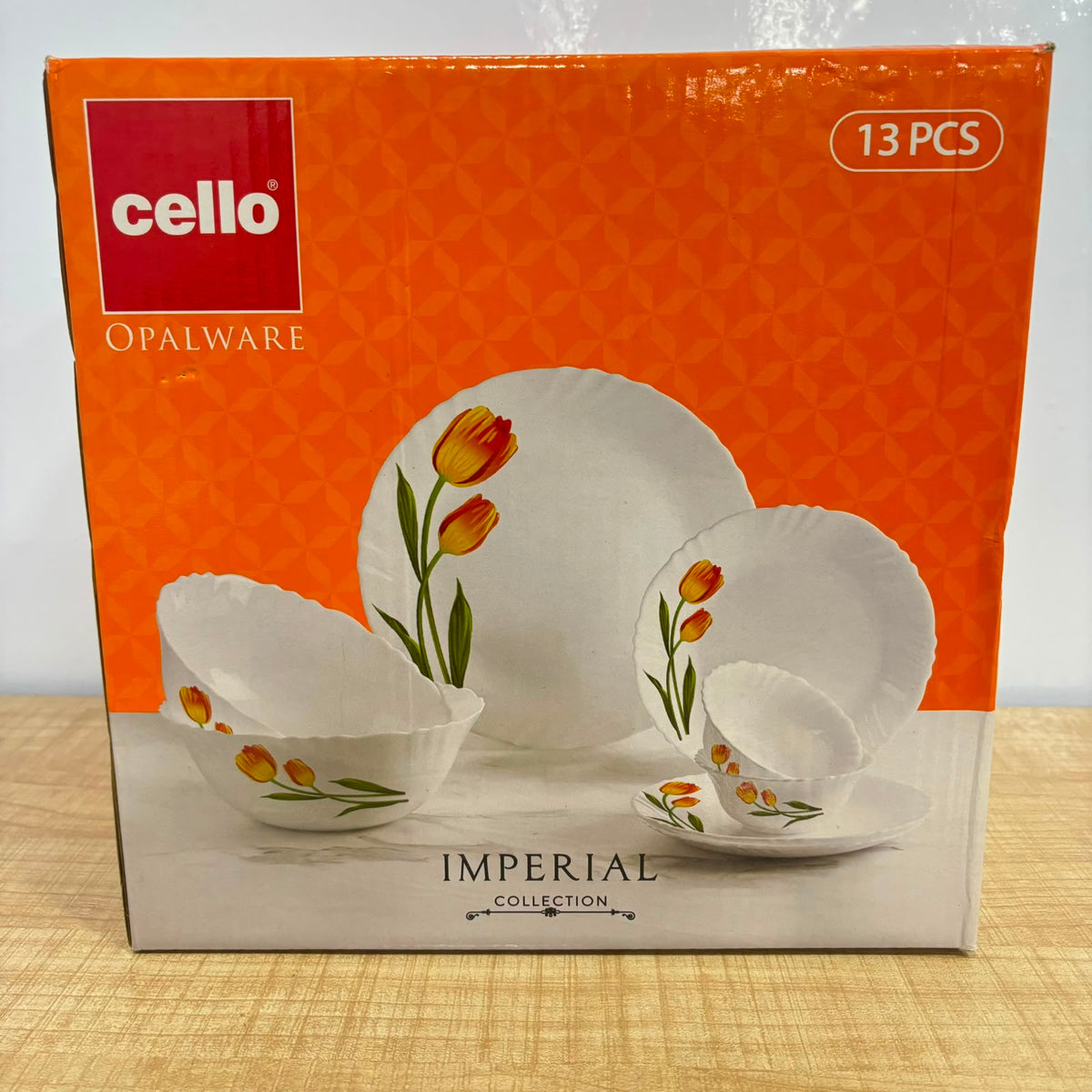 A06991 Cello Opalware Imperial Collection 13-Piece Dinner Set (Rose Fantasy Red / Tulip Design)