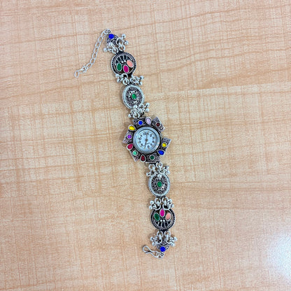 A07012 Women's Oxidized Silver Ethnic Bracelet Watch with Multicolor Stones
