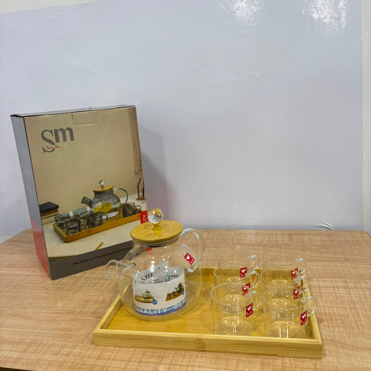 A07072 Shine Max Glass Tea Kettle Set with 6 Cups & Wooden Serving Tray [SMWH96-L8]
