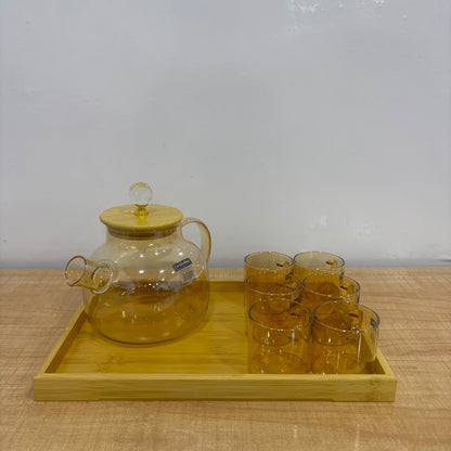 A07073 CrystoMax Heat-Resistant Borosilicate Glass Teapot Set with 6 Cups & Wooden Serving Tray [CTW-496-B-G]