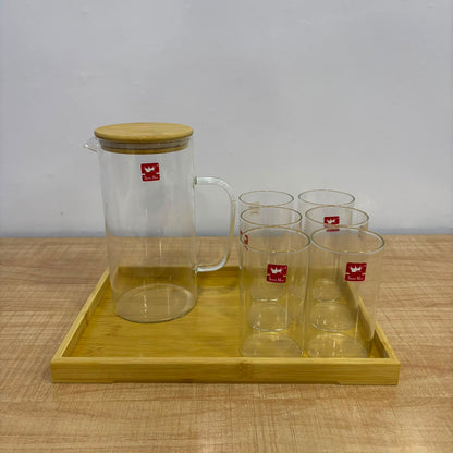 A07074 Shine Max Premium Glass Jug with 6 Glasses & Wooden Tray Set