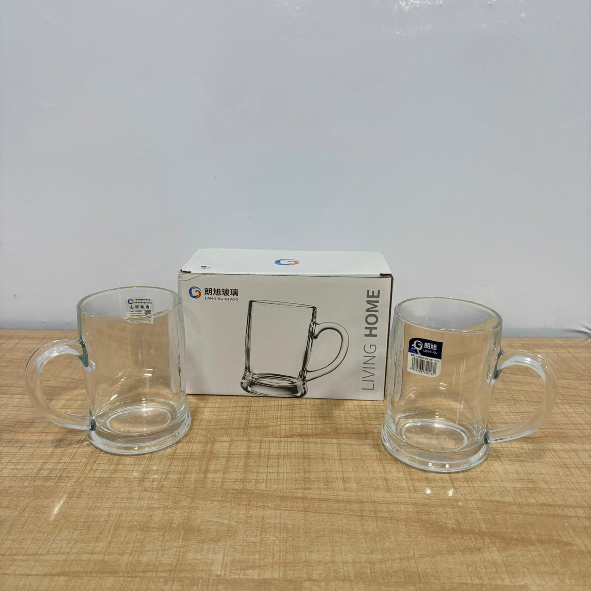 A07077 Langxu Transparent Clear Glass Beer Mugs Set with Handle, 395ml - Set of 2 [LXZB05-375]