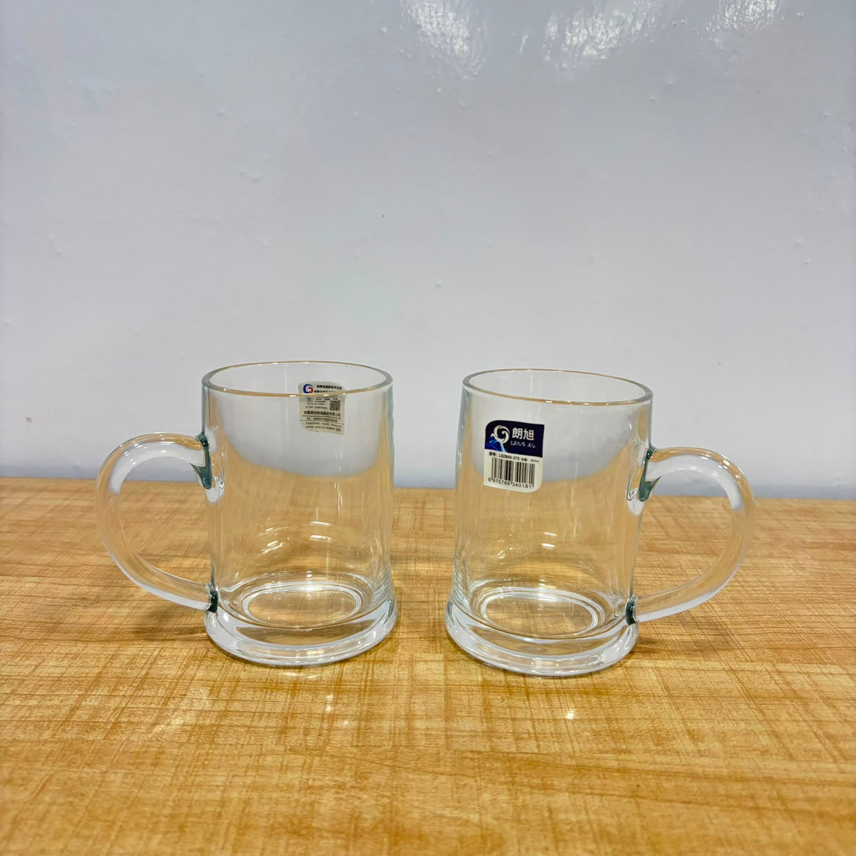 A07077 Langxu Transparent Clear Glass Beer Mugs Set with Handle, 395ml - Set of 2 [LXZB05-375]