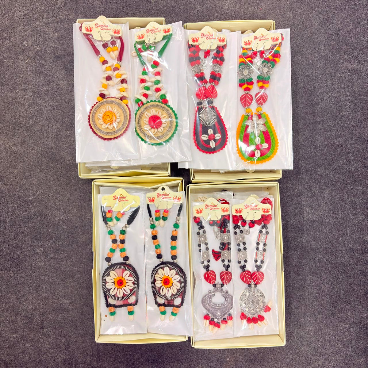 A06920 Handmade Multicolor Fabric Thread Necklace Set with Matching Cowrie Shell Earrings