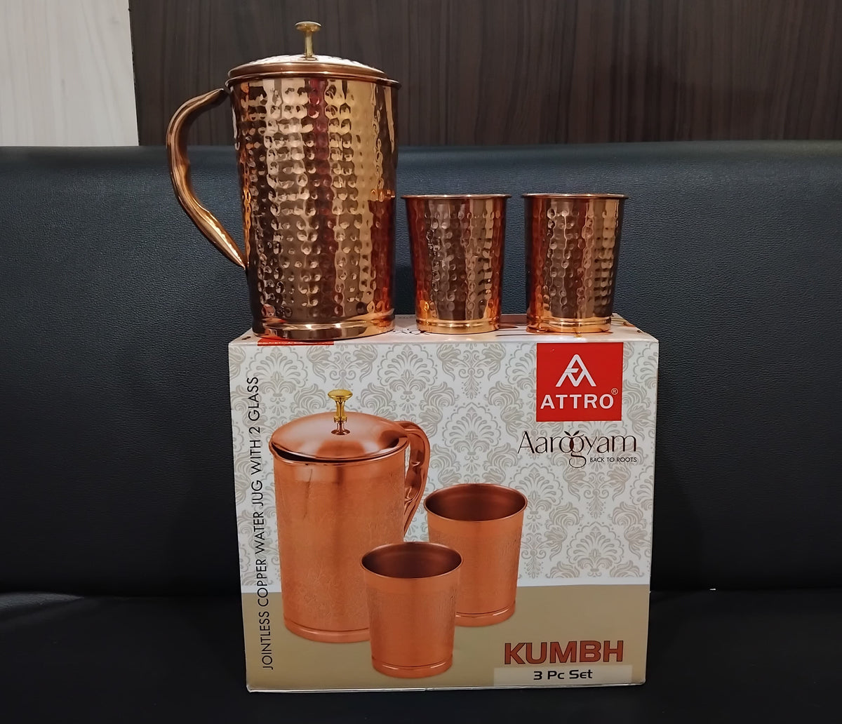 AM2613 Attro Pure (ACS030) Copper Kumbh Water Jug Set with 2 Glass (Hammered) Pack Of 3 Pcs