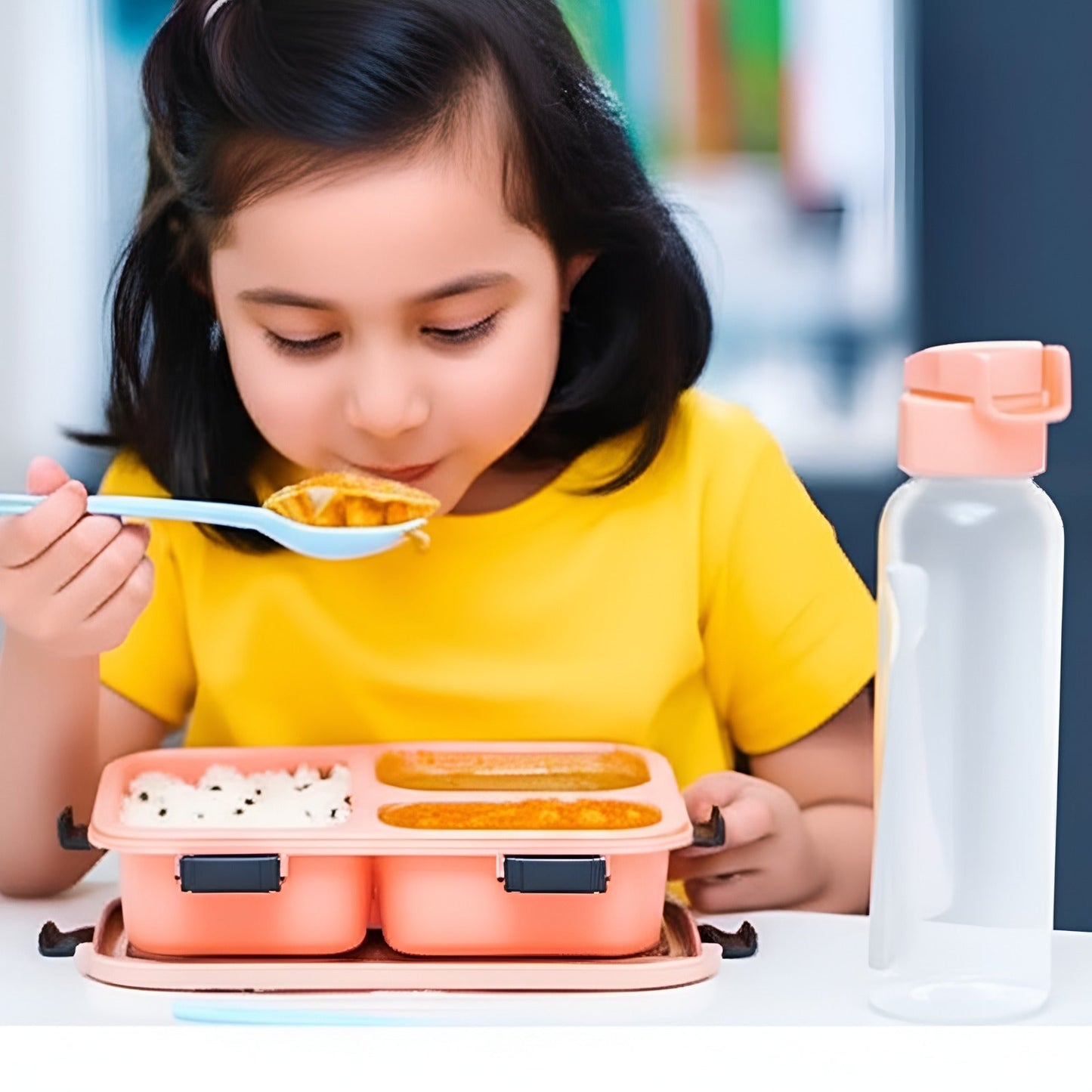 AM5603 Tokyo 3 Compartment Plastic Lunch Box with Water Bottle for Boys, Girls, School & Office Men