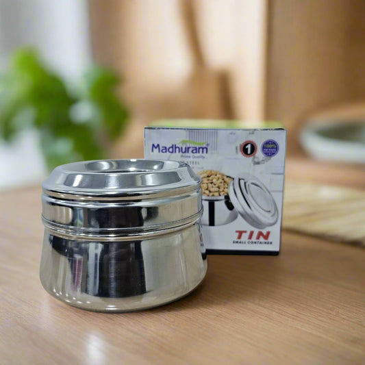 AM2996 Madhuram Prime Quality Jackpot Clear (1) Glass Lid Stainless Steel Tin Small Container 1 Piece