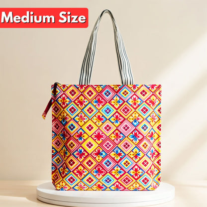 AM6282 Medium Vibrant Geometric & Floral Print Zipper Jute Bag - Reusable Shopping and Carry Bag