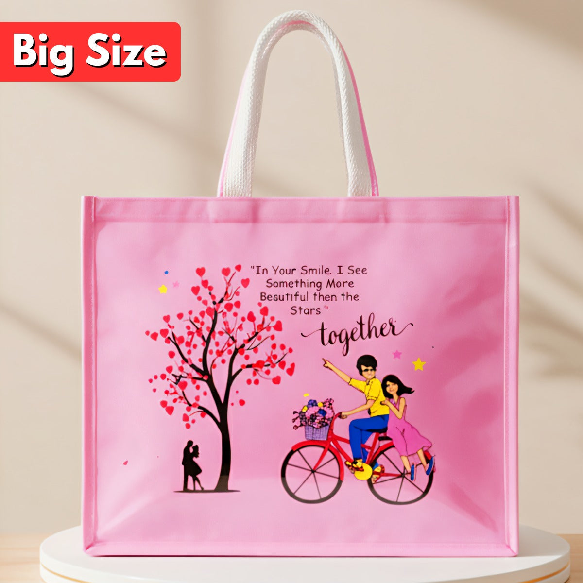 AM6281 Big Love Theme Pink Jute Bag - Reusable Shopping & Gift Carry Bag