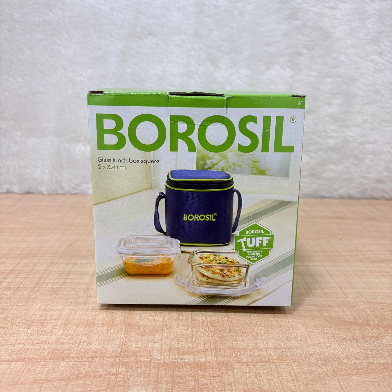 AM3696 Borosil 320ml Square Lunch Box with Bag Set of 2