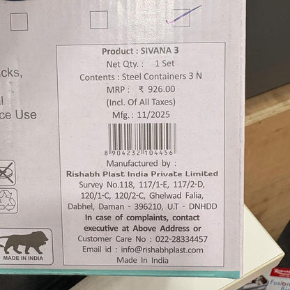 Di0174 Rishabh Sivana 3 Thermo Steel Lunch Box with Virgin Plastic Outer Case