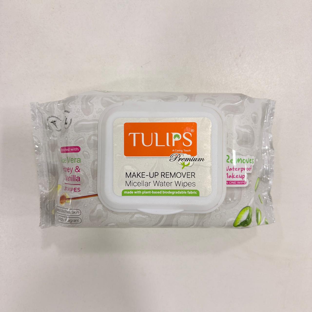 AM2936 Tulips Premium Waterproof Makeup Remover Micellar Water Wipes 30 wipes each pack Remover face, eyes & lips makeup Aloevera extracts