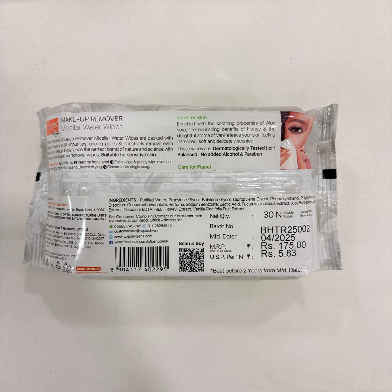 AM2936 Tulips Premium Waterproof Makeup Remover Micellar Water Wipes 30 wipes each pack Remover face, eyes & lips makeup Aloevera extracts