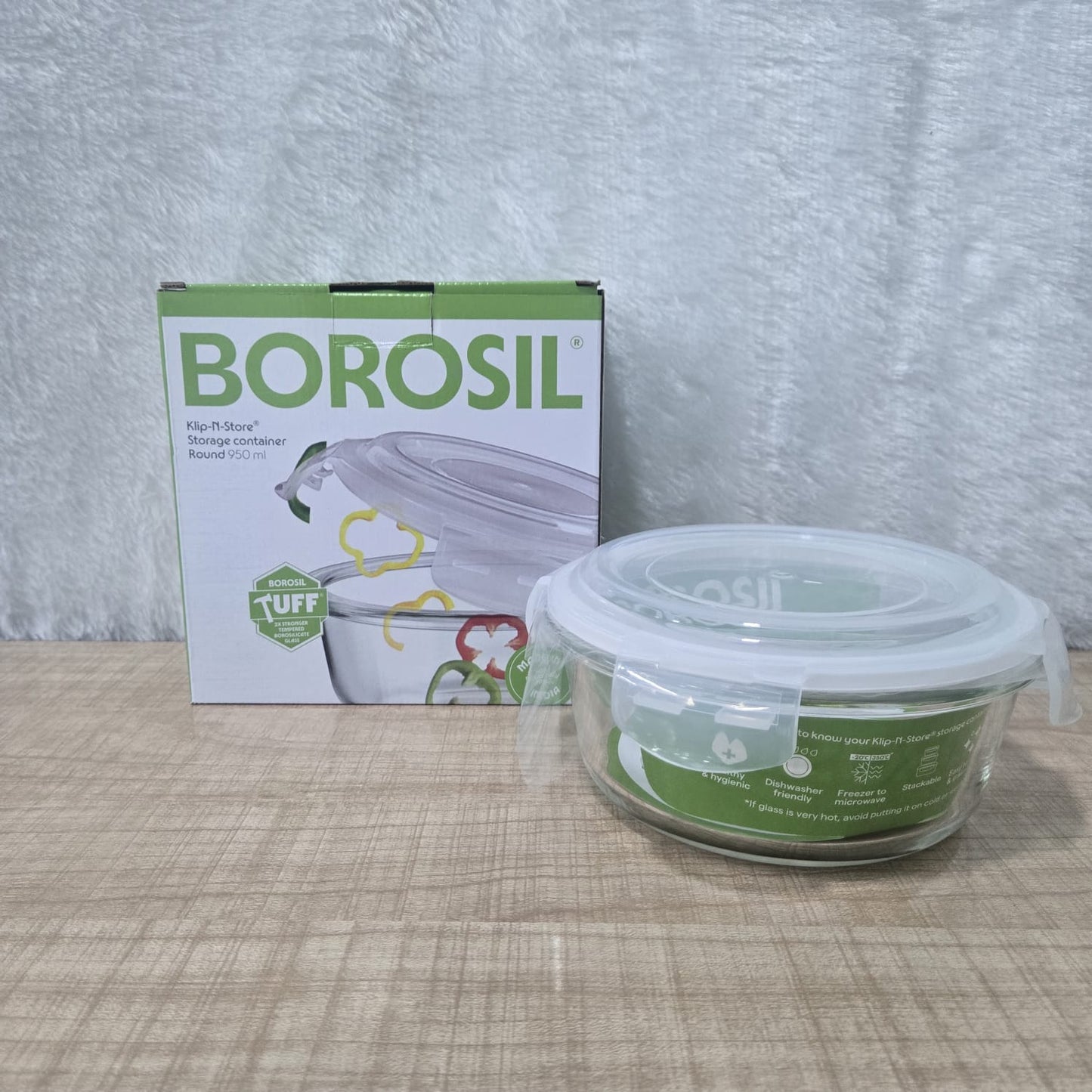 AM6197 Borosil Klip N Store Round Glass Container - 950 ml with Air Tight Lid