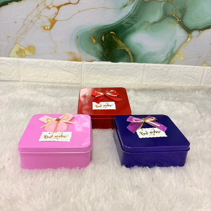 AM7457 Square Metal Gift Tin Box with Decorative Bow and "Best Wishes" Label