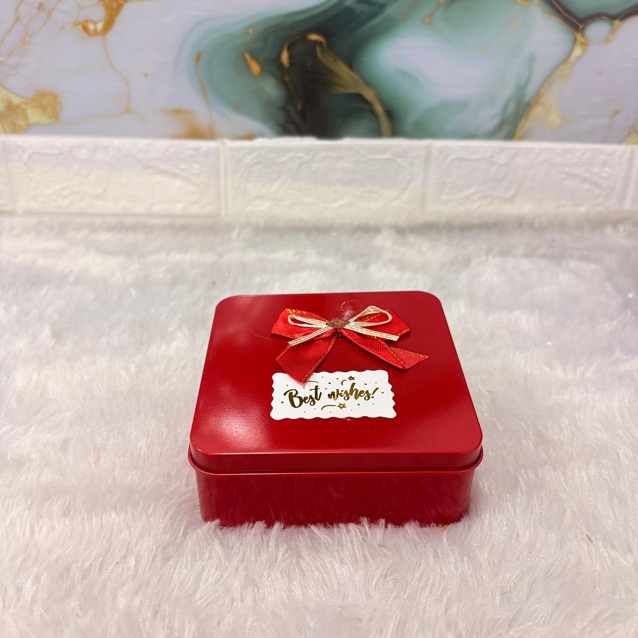 AM7457 Square Metal Gift Tin Box with Decorative Bow and "Best Wishes" Label