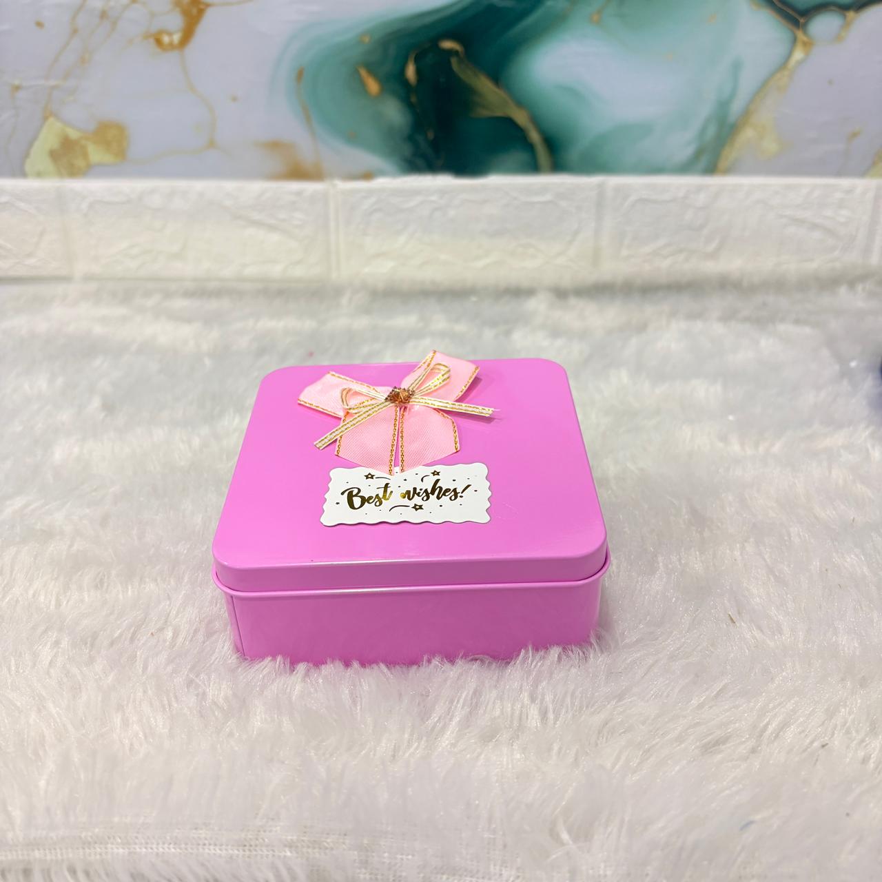 AM7457 Square Metal Gift Tin Box with Decorative Bow and "Best Wishes" Label
