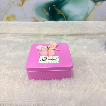 AM7457 Square Metal Gift Tin Box with Decorative Bow and "Best Wishes" Label