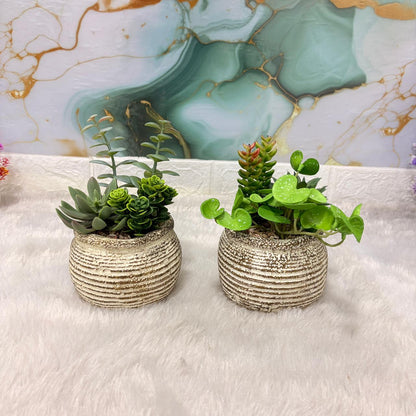 AM7448 Mini Faux Succulent Arrangement in Rustic Ribbed Ceramic Pot