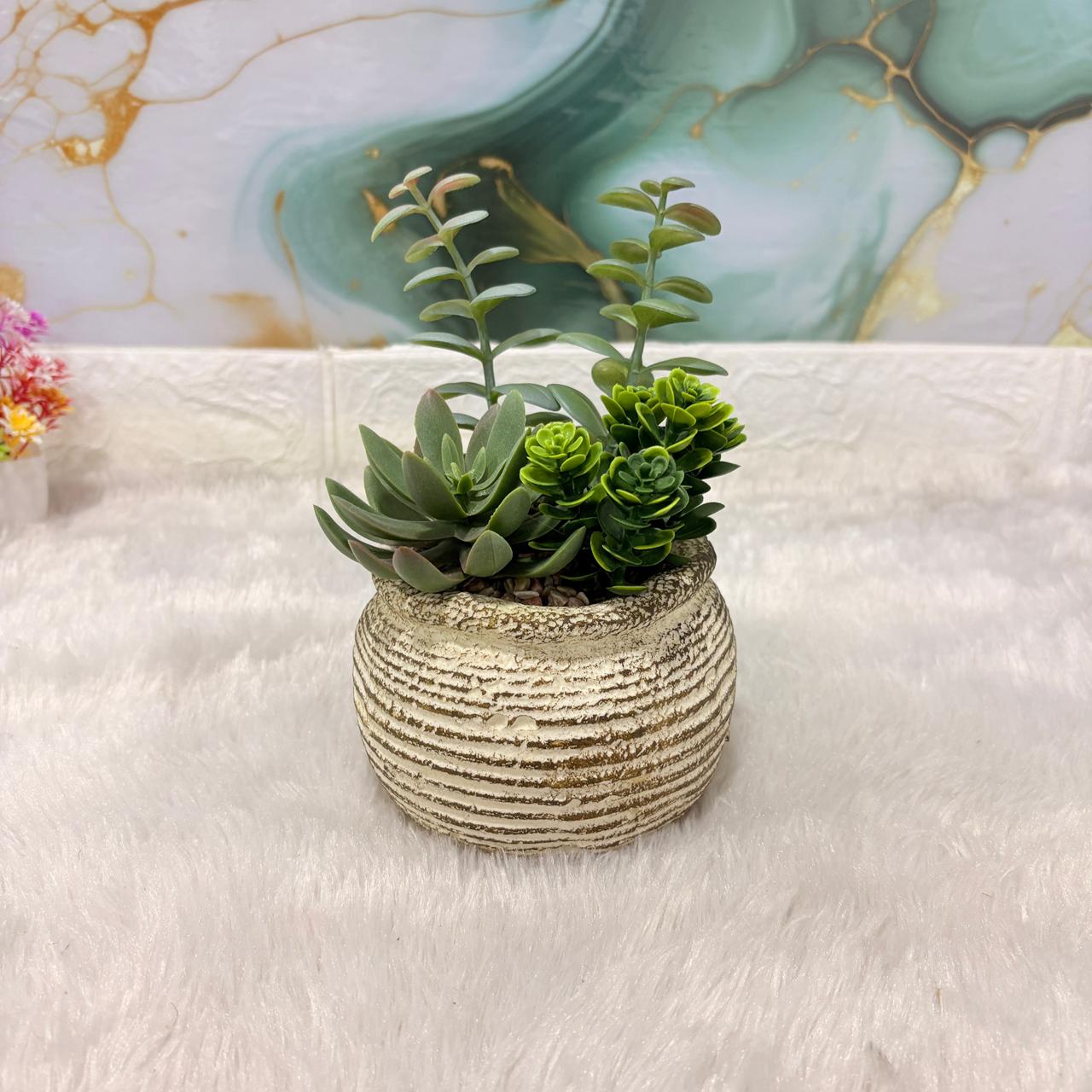 AM7448 Mini Faux Succulent Arrangement in Rustic Ribbed Ceramic Pot