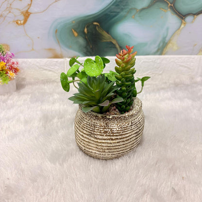 AM7448 Mini Faux Succulent Arrangement in Rustic Ribbed Ceramic Pot