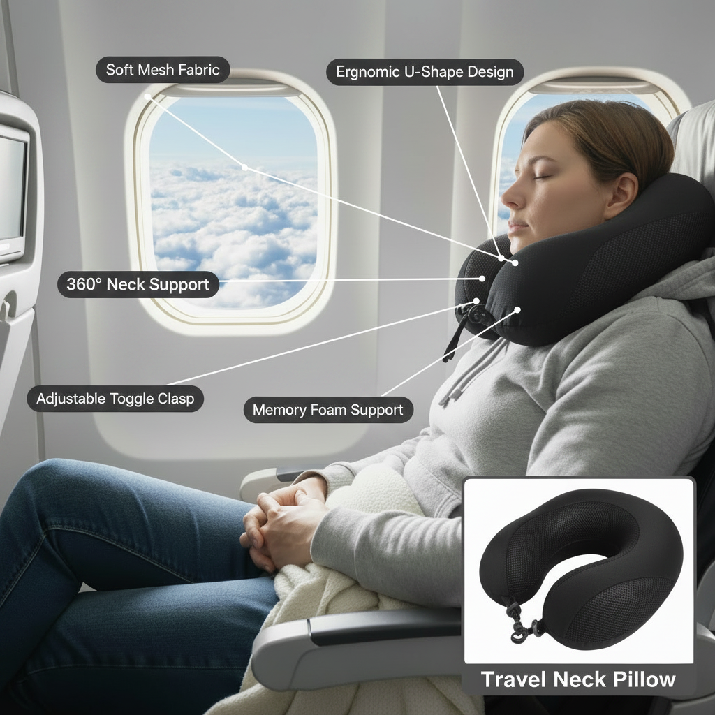 AM7555 Super Deluxe Memory Foam Travel Neck Pillow for Comfort and Support (1-Pcs)