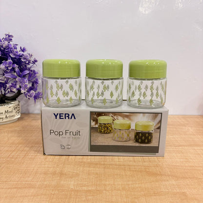 3568 YERA Pop Fruit Printed Glass Jar with Lid Set, 280ml, Pack of 3