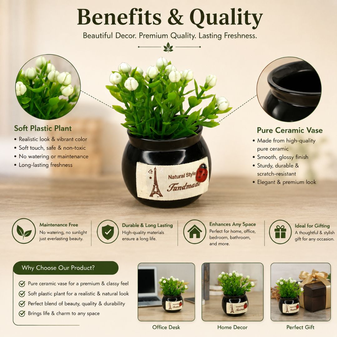 AM7724 ARTIFICIAL WHITE FLOWER POTTED PLANT WITH BLACK VASE FOR HOME OFFICE DECORATION