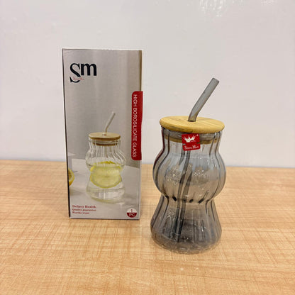 AM7782 GREY RIDGED BOROSILICATE GLASS TUMBLER WITH NATURAL BAMBOO LID AND MATCHING GLASS STRAW