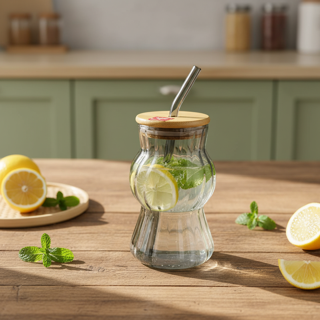 AM7782 GREY RIDGED BOROSILICATE GLASS TUMBLER WITH NATURAL BAMBOO LID AND MATCHING GLASS STRAW