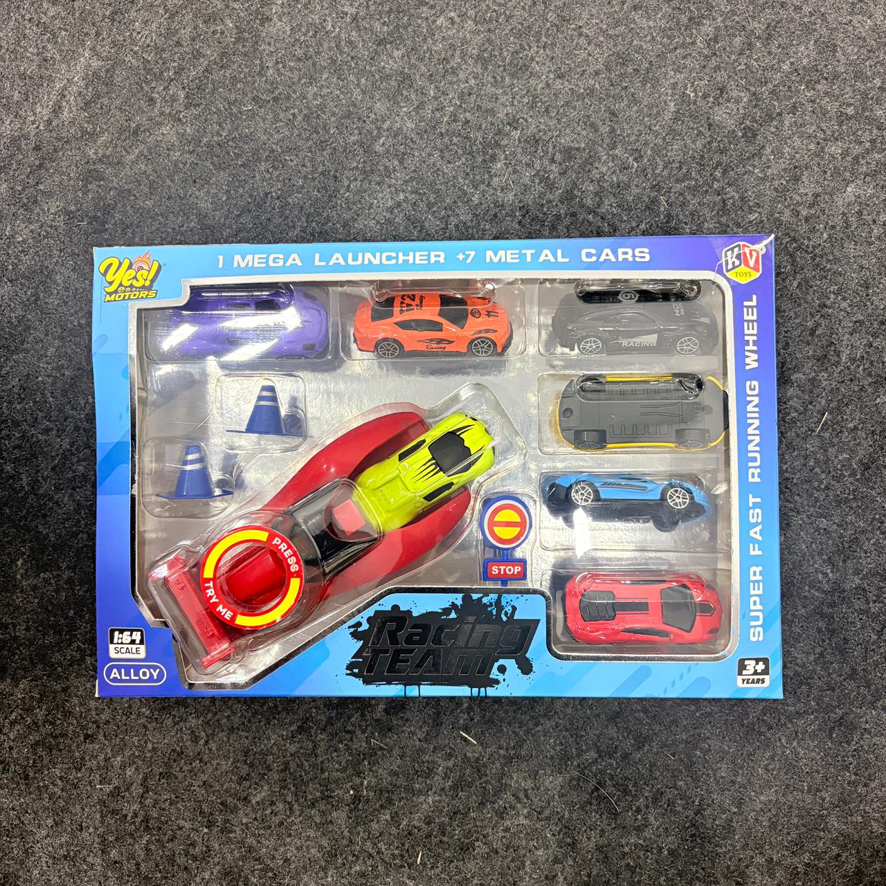A06488 Racing Team 7-Piece Die-Cast Metal Car Set with Mega Launcher