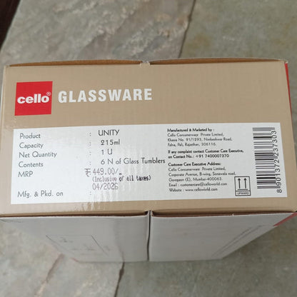 AM6590 Cello Unity K-Series Glass Tumbler Set, 215ml (Set of 6)