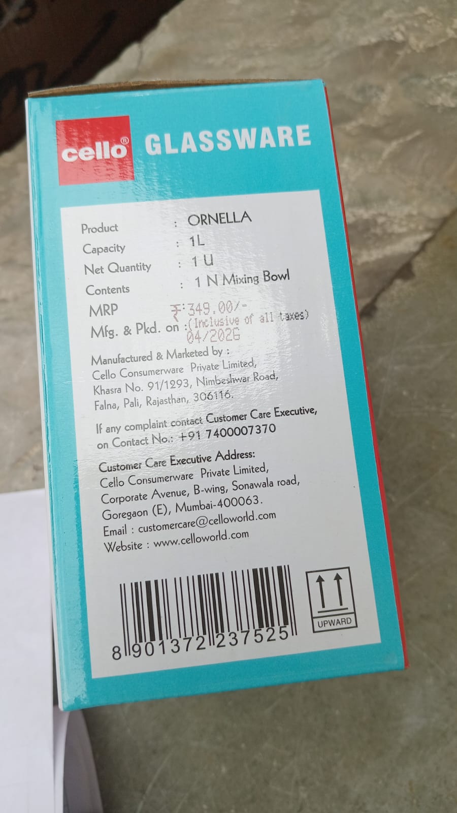 AM3784 CELLO Ornella Glass Mixing Bowl 1000ml Without Lid
