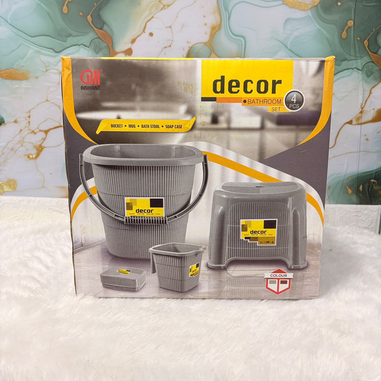 3129 Decor Plastic Bathroom Set 4pcs with Plastic Bucket ,Small Mug ,Bath Stool ,Soap case