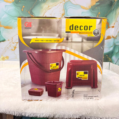 3129 Decor Plastic Bathroom Set 4pcs with Plastic Bucket ,Small Mug ,Bath Stool ,Soap case