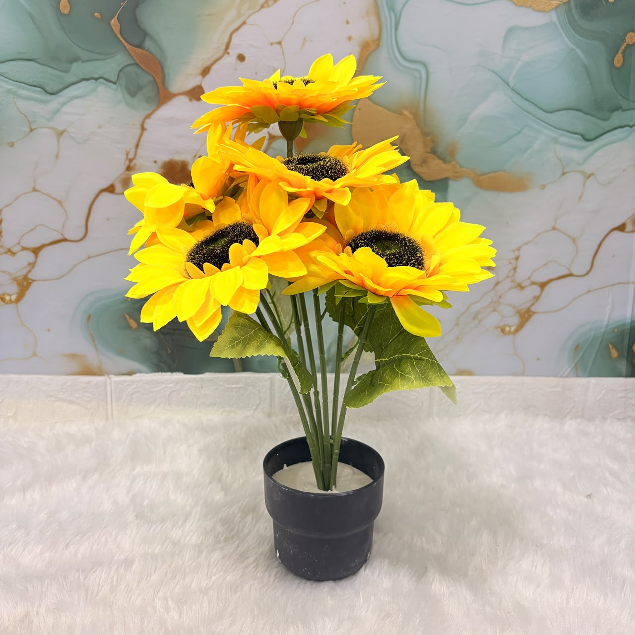 AM7767 Artificial Sunflower Bush in Black Plastic Pot for Home and Office Decor (Pack Of 1)
