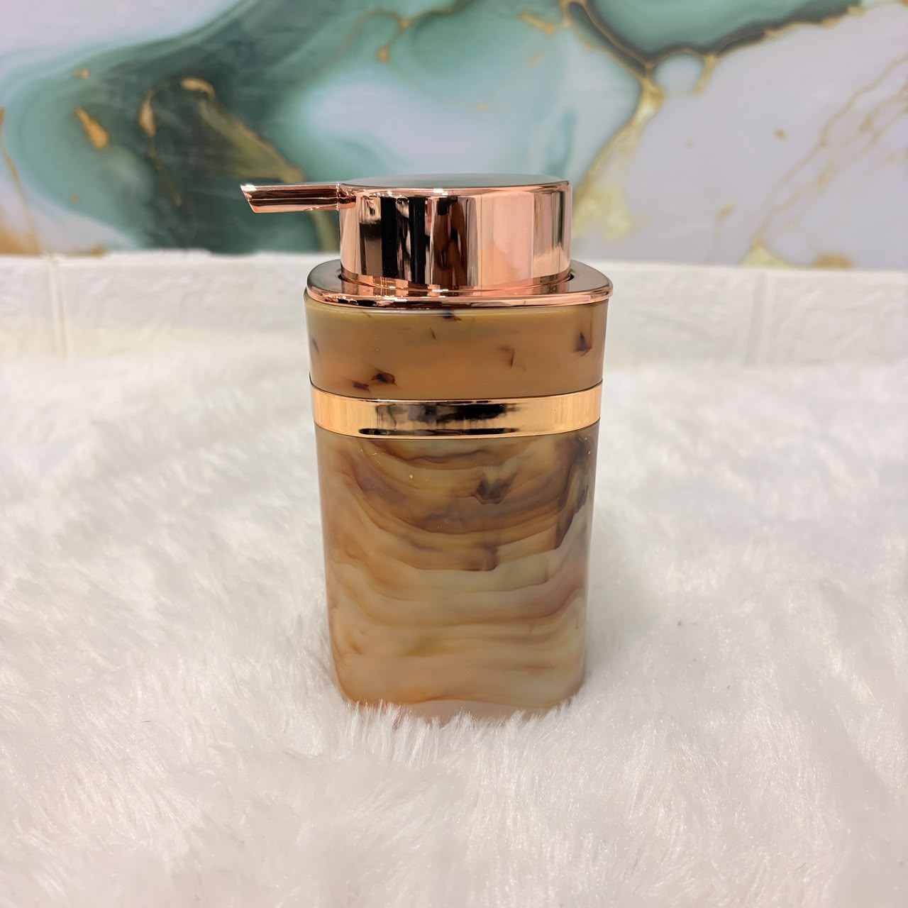 AM7786 ELEGANT MARBLE PATTERN SOAP DISPENSER WITH ROSE GOLD ACCENTS FOR MODERN BATHROOM DECOR
