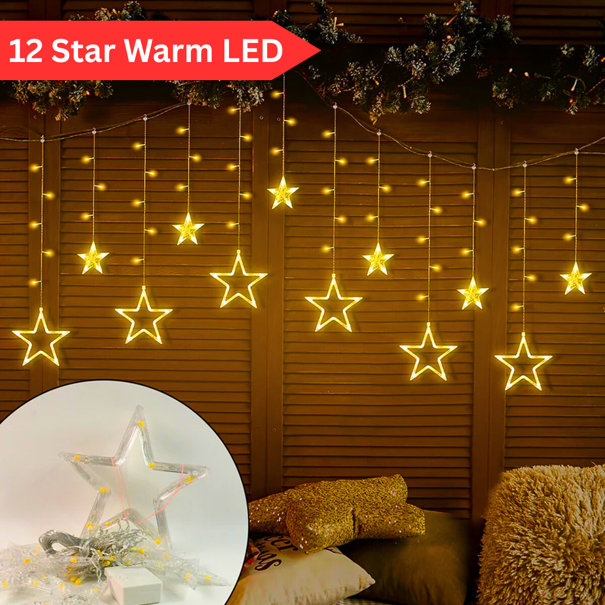 Di0061 12 Stars LED Curtain String Lights with Flashing Modes - 6x6 (Warm)