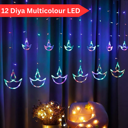 Di0064 12 Diyas Window Curtain LED Lights - 6x6 (Multicolour)