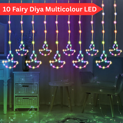 Di0069 10 Fairy Diya LED Curtain String Lights with Flashing Modes - 5x5 (Multicolour)