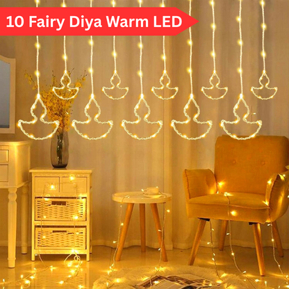 Di0068 10 Fairy Diya LED Curtain String Lights with Flashing Modes - 5x5 (Warm)