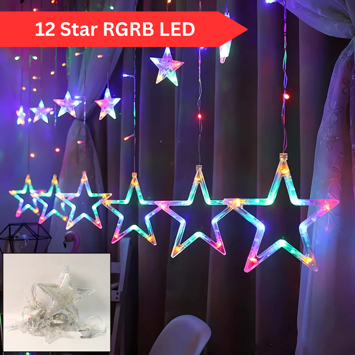 Di0063 12 Stars LED Curtain String Lights with Flashing Modes -  6x6 (Rgrb)