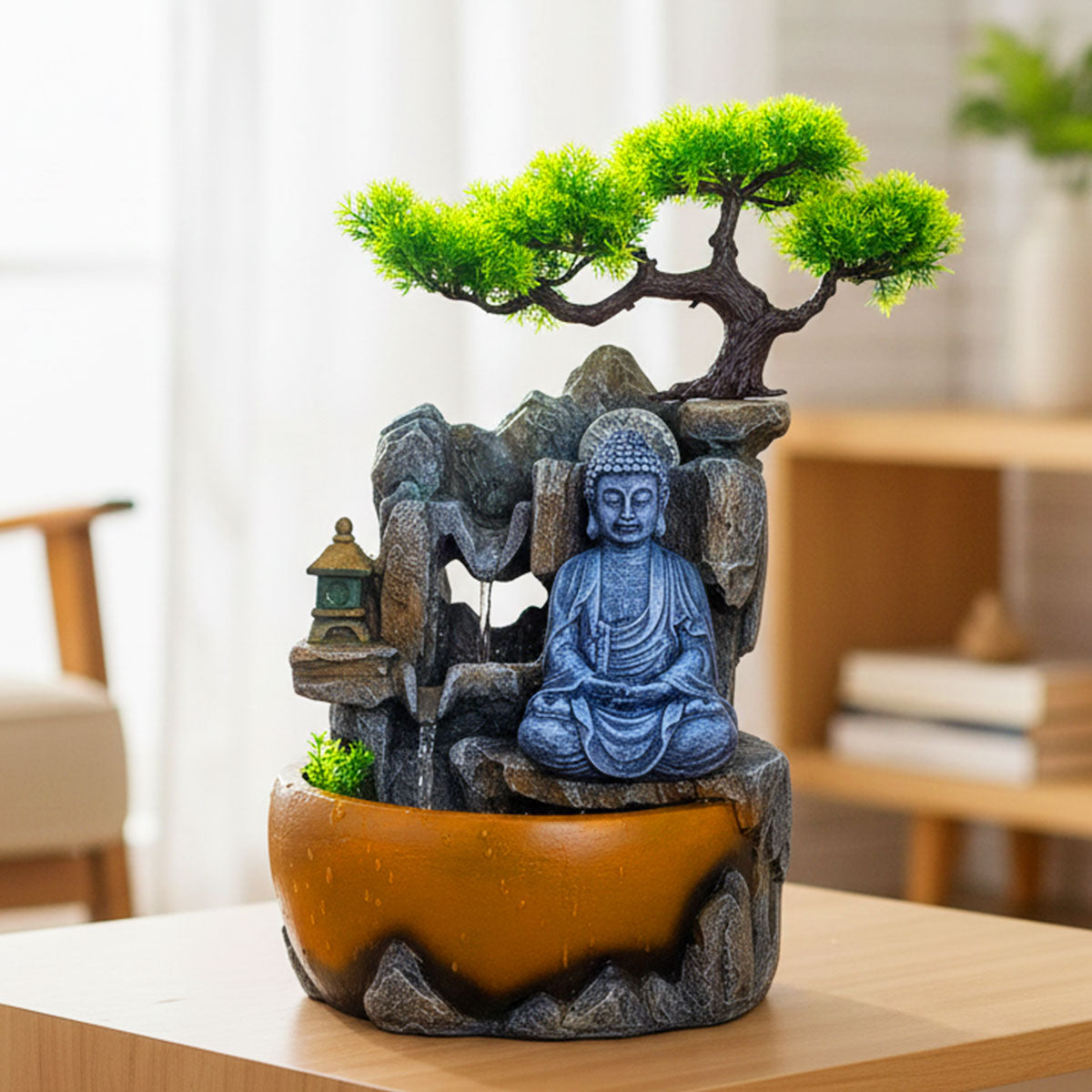 AM6256 Meditating Buddha Tabletop Water Fountain with Bonsai Tree