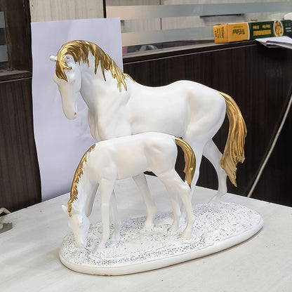 AM5369 Premium Imported White Horse and Baby with Golden Hair Showpiece