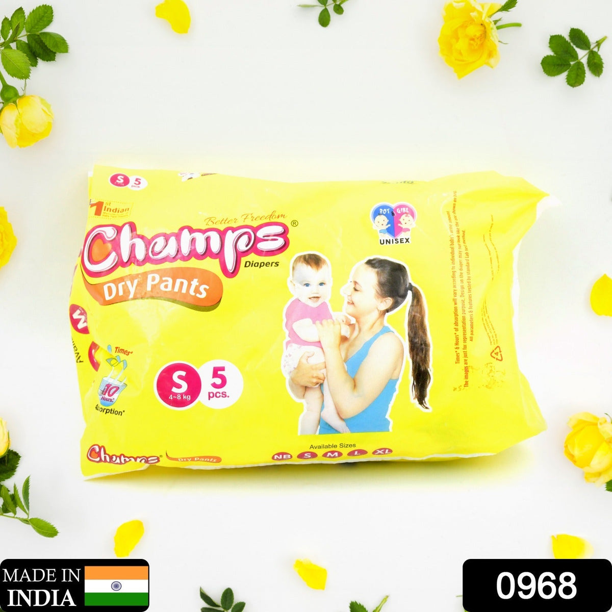 0968 Small  Champs Dry Pants Style Diaper- Small Best for Travel  Absorption, Champs Baby Diapers, Champs Soft and Dry Baby Diaper Pants (S5 Pcs )