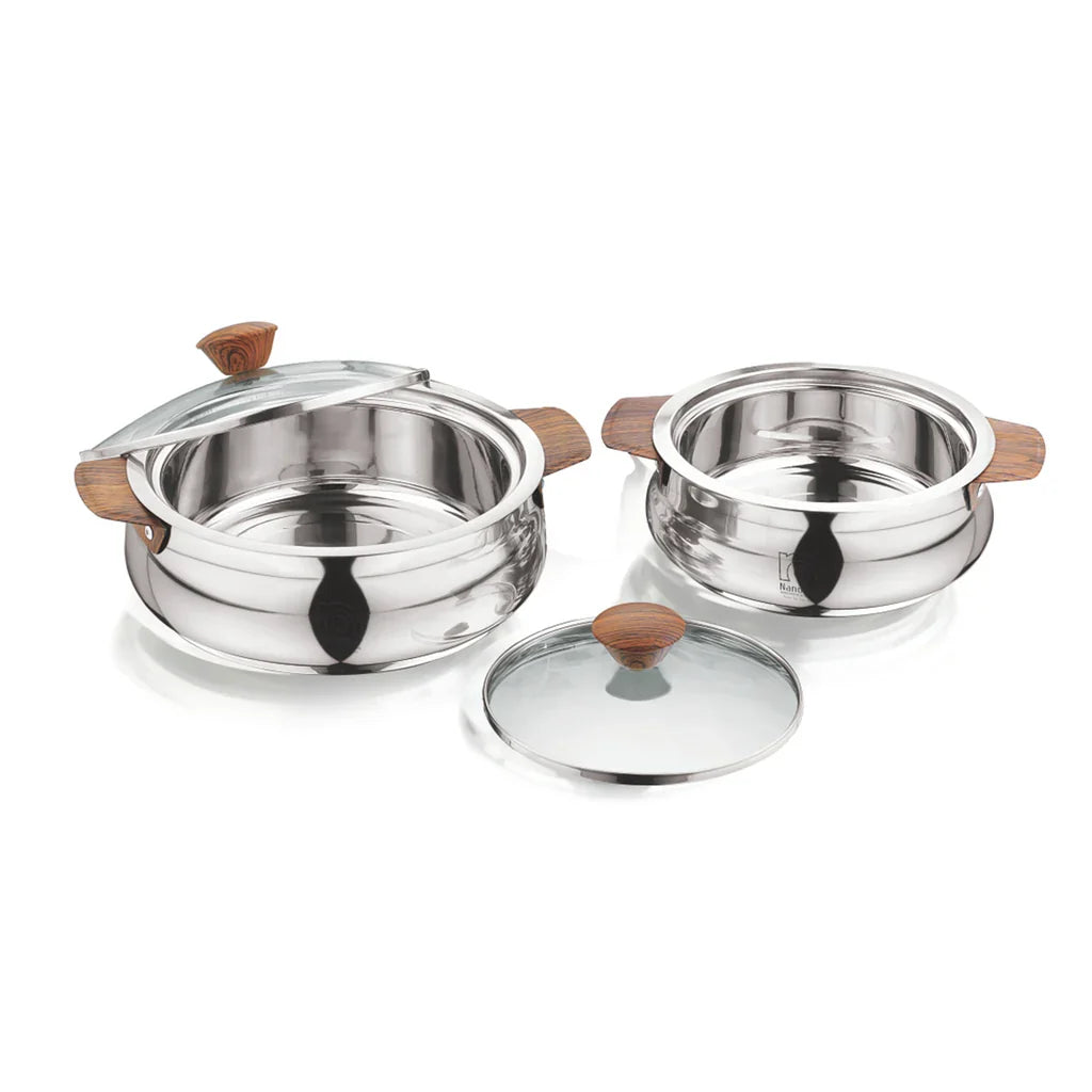 AM2234 NanoNine Royal Steelwood Double Wall Insulated Stainless Steel Casserole with Glass Lid, 1.24 L & 750 ml, 2 pc