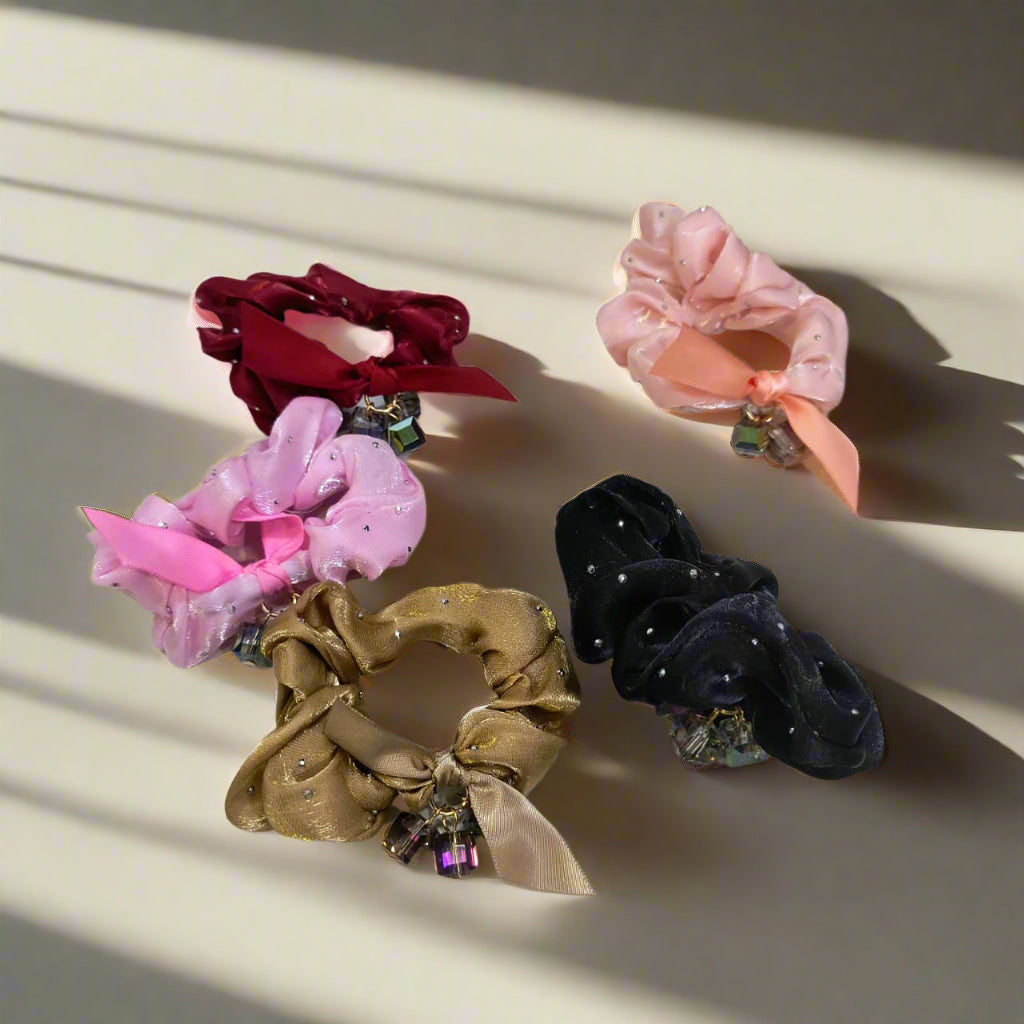 AM1298 Crystal Rhinestone Glossy Soft Satin Silk Hair Scrunchies Hair Elastic Bands 1pc